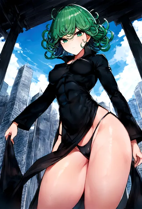 ((ultra quality)), ((work of art)), ((真实感)), (detailded),(4K), tatsumaki, one punch man,((sexly)), (medium breasts), (expressão facial sexly), (delicate breasts),(( semi raised dress)),(transparent dress), (raised thong panties), ((beautiful body)),( wide ...