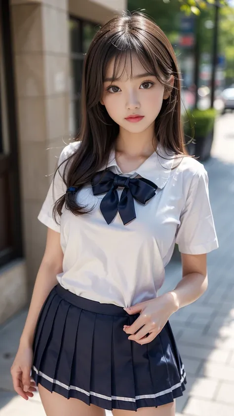 ((A beautiful girl wearing clothes that emphasize her breasts)), (Cute school girl:1.3, Baby-faced girl:1.3), Slender body line, Ultimate Beauty, ((Detailed eyes and face:1.2, Professional photography techniques)), (Captivating Lips, Sexy look), (Detailed ...