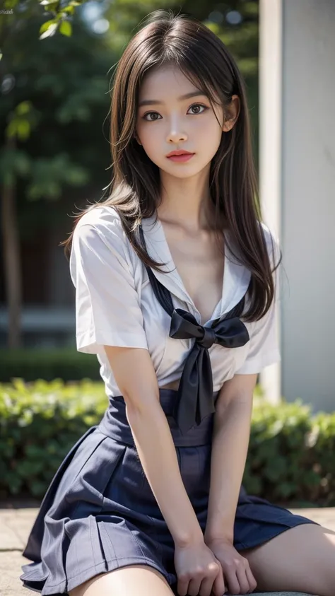 ((A beautiful girl wearing clothes that emphasize her breasts)), (Cute school girl:1.3, Baby-faced girl:1.4), Slender body line, Beautiful breasts, Ultimate Beauty, ((Detailed eyes and face:1.2, Professional photography techniques)), ((Captivating Lips, Se...