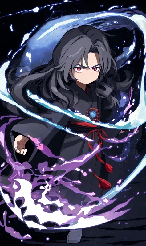  1man cartoon, he has dark grey hairs, full body wuxia, young shadow mage male, dressed with long fluent clothes, wearing star filled mage robes, wearing dark robe, chibi, wearing black robe, wearing black wizard robes, anime tribal boy with long hair