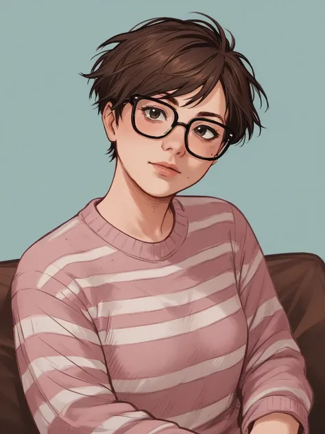 score_9, score_8_up, score_7_up, score_6_up, score_5_up, score_4_up,   wh33z13, 1woman, white skin, Brown short hair, pink striped sweater, dark eyes  rosé glasses 