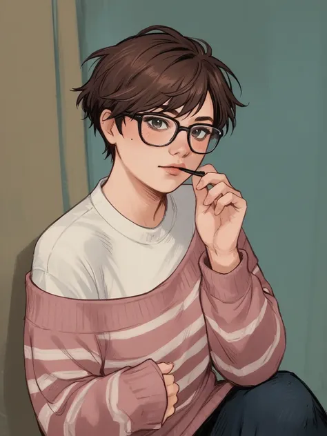 score_9, score_8_up, score_7_up, score_6_up, score_5_up, score_4_up,   wh33z13, 1woman, white skin, Brown short hair, pink striped sweater, dark eyes  rosé glasses 