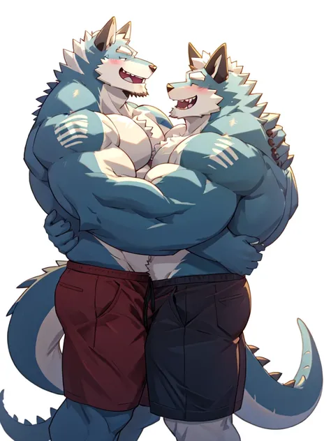 4k, high resolution, best quality, perfect colors, perfect shadows, white background, 2boy, mature male, 40s, bara, beard, thick eyebrows, furry, dragon, horn, tail, shirtless, shorts, long hair, blushing, shy, smiling, laughing, hugging, love, gay love, y...