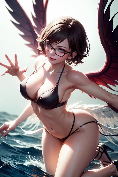 siren woman short hair tomboy, sexy with glasses, and white wings, in the open blue sky, movement pose, fully body, perfect hands