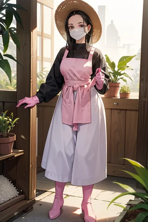 A broad-forehead, black-haired mature woman wearing pink long rubber gloves, white rubber boots, a white apron, a hat, jeans, a mask, a sweatshirt and a gentle smile as she plants rice