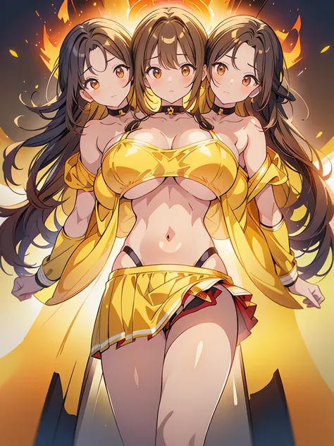 (masterpiece, best quality), best quality, best resolution, (3heads:1.5), 1girl, firefighter, very long hair, in fire, breathing hard, panicking, protective miniskirt, yellow themed clothes, brown eyes, arms out, huge tits, open belly, 