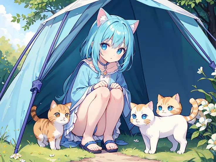 from fowerd, from below, close contact, perfect fullbody, perfect hands, perfect face, perfect eyes, (2rest conspicuous nifty magical chibi girls in tent with perfect cats), morning, 