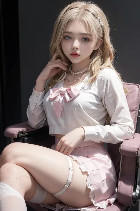 to throw, chloé grace moretz, school girl, white and pink uniform, white and pink skirt, white lace choker, pearl necklace, whit...