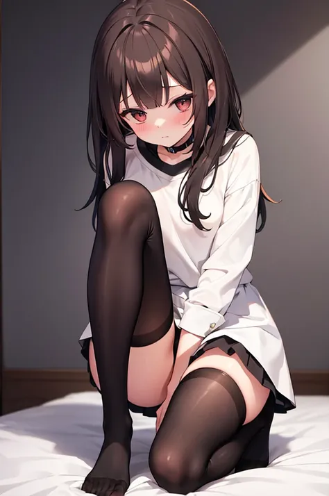 Highest quality, masterpiece, High resolution, (Head to Toe full body), front, frontやや下からの構図, Symmetric, Tall 18 year old girl, alone, (Head to Toe), (Small breasts), disheveled brown hair, bangs, (black tights), (Black Pantyhose), (Sit with your legs apar...