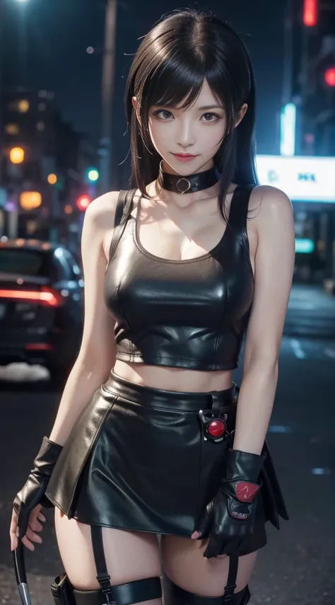 (8K, best quality, masterpiece: 1.2), (Practical, Reality: 1.37), Super Detail, A girl, Lovely, Solitary, (Tifa Lockhart), (Small Breasts), (漂亮的Eye), (Smile: 1.2), (closure), posture, dance, neon, city View, Depth of Field, Dark intense shadows, Clear focu...