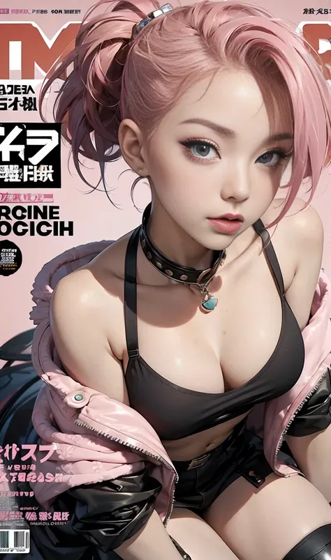 best quality, works of masters, high resolution, 1 woman, What a beautiful face, really beautiful eyes, very beautiful pink mohawk hair，(magazine cover:1.2)，Trendy Harajuku style rock outfit，bare one&#39;s shoulders, highlighted super huge super huge , sho...