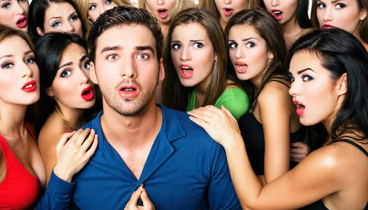 Photograph of embarrassed and embarrassed man among many sensual women trying to seduce him.