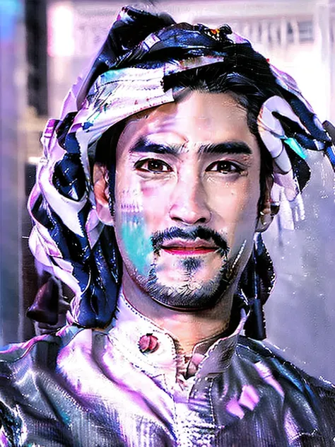 an asian man with clear face, nadech face, wearing an off-white traditional arabian clothing, thawb, white cloak with full sleev...