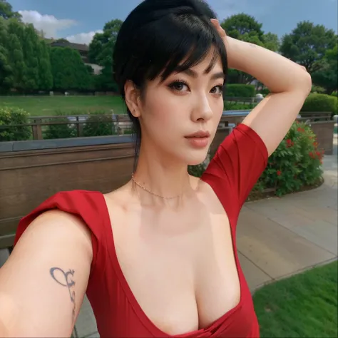 araffe woman in a red shirt posing for a photo, elegant glamor pose, elegant pose, doing an elegant pose, Asian, Japanese woman, boobies, neckleace, tattoo on right arm, blue eye makeup, outlined, shorth hair, Bblack hair, detailed hair