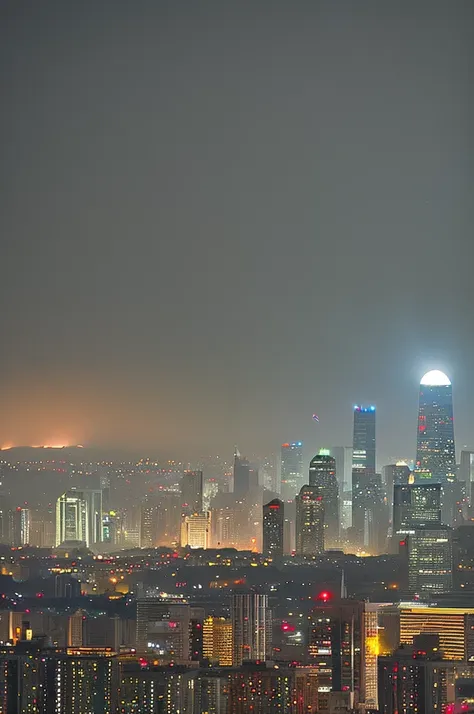 big city, large spotlights, dark skies, red moon