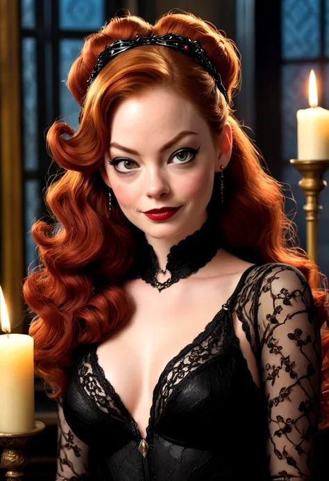 Full body shot Emma Stone catwoman, ringlets wavy five feet long red hair, updo hairstyle with ponytail on one side and long hairpins holding the bun long braid, strong thighs, dark red glossy lips, heavy black eye shadow long black eyeliner, long sharp cl...