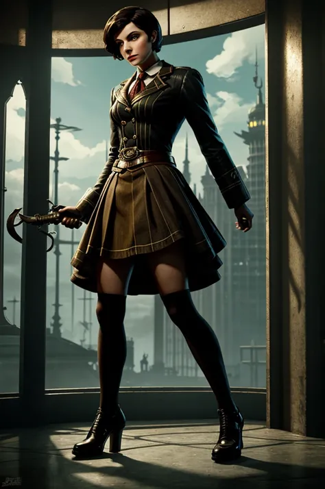 A character with the artistic style of the BioShock video game, a Big brother of about 20 years old with a combat skirt up to his heels 