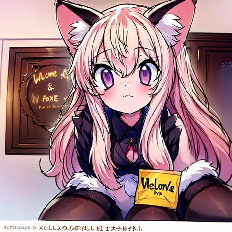 a girl holds a written sign "welcome!!!", facing the camera, long  hair,animal ears, bangss, fox ears, gazing at viewer, fox tai...