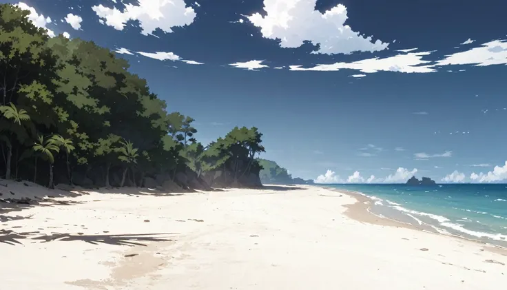 deserted beach, a shot of the forest from the beach side.。