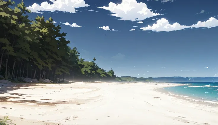 deserted beach, a shot of the forest from the beach side.。