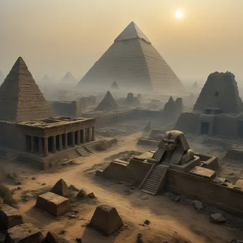 scenario: the pyramids of giza, abandoned for years, post-war with lots of destruction and chaos, something apocalyptic. the pyr...