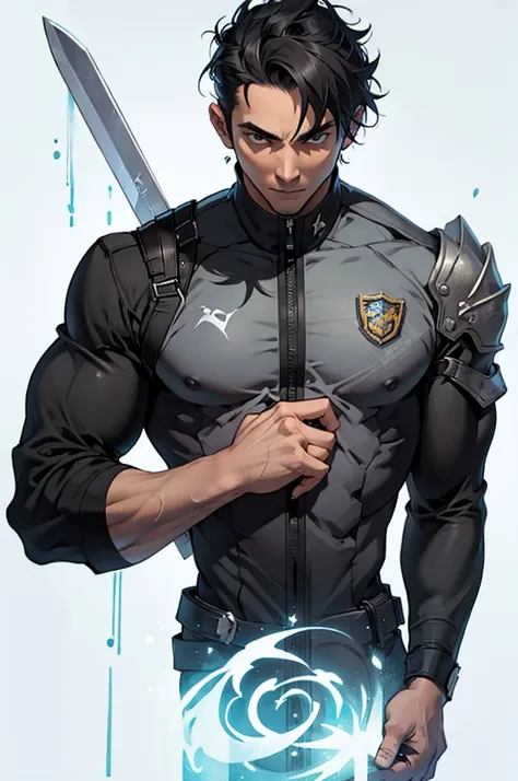 1 grown man, strong, short black hair, uniform, magic powers, big sword