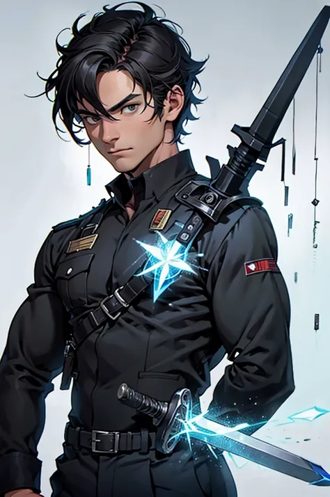 1 grown man, strong, short black hair, uniform, magic powers, big sword