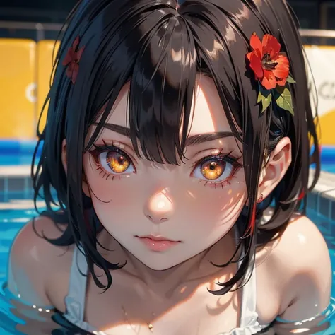 Black short hair, Red flower hair ornament, Yellow Eyes、13-year-old girl、Face close-up、Pool