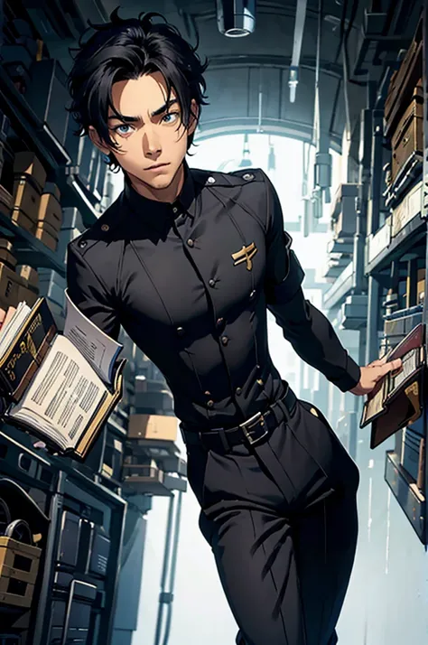 1  man, strong, short black hair, uniform, magic powers, book