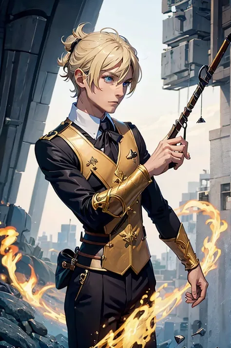 1 man, bow and arrow, uniform, magic powers, blonde