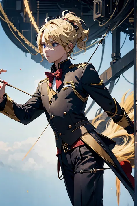 1 man, bow and arrow, uniform, magic powers, blonde