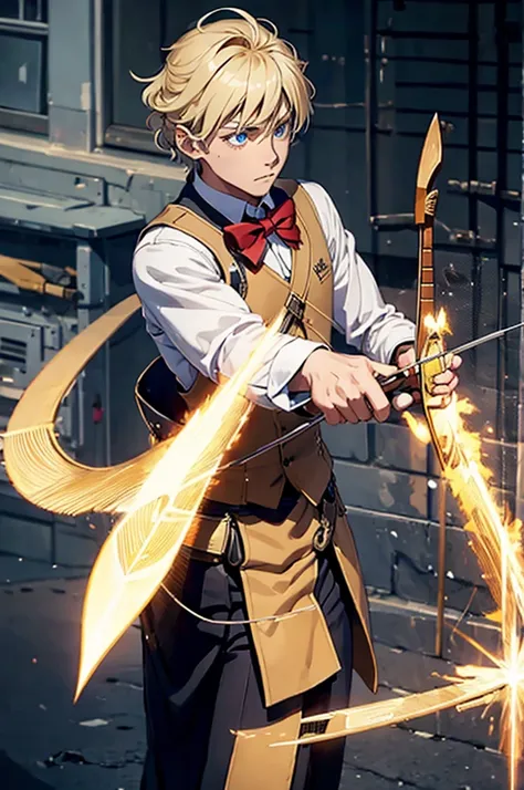 1 man, bow and arrow, uniform, magic powers, blonde