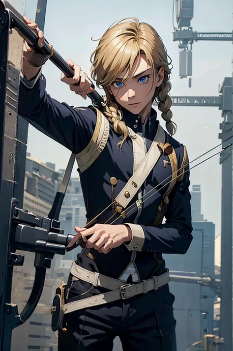 1 man, shooting bow and arrow, uniform, magic powers, dark blonde