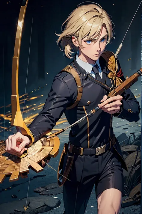 1 man, shooting bow and arrow, uniform, magic powers, dark blonde