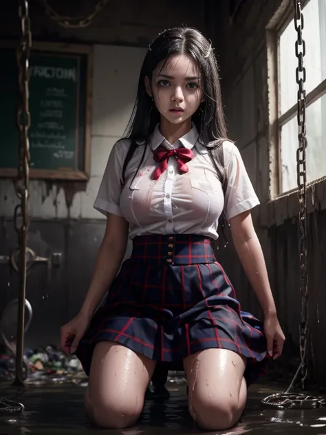 jk school girl uniform , Punished, , Kneeling, Behind bars, dungeon, Be punished, Be punished in dark prison cell , Many chains hang, Bound by chains, Get wet, enjoying, hyper HD, Textured skin, Super detail , big breasts , skirt dark red , plaid skirt , p...