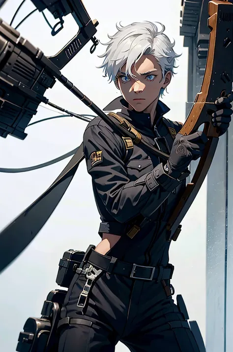 1 man, Shooting Bow and arrow, Uniform, Black eyes, White pupils, White Hair, Magic Powers 