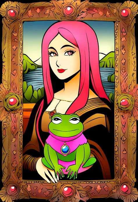 featuring a pepe woman with pink hair and a pink frog, pepe women the frog styled as the mona lisa.