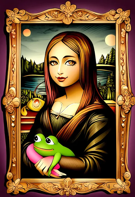 featuring a pepe woman with pink hair and a pink frog, pepe women the frog styled as the mona lisa.