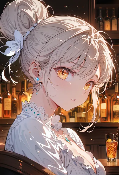 Portrait of Abigail: A charming lady with a high bun, Sitting in the bar. This masterpiece is of excellent quality, Extremely detailed, Perfect for 8k HDR wallpapers. With lighting、Sharp focus and intricate details.