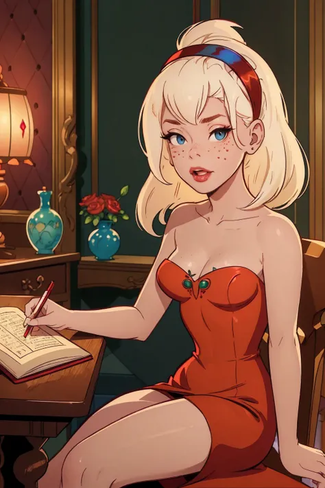 { masterpiece : best quality : high resolution : unity 8k wallpaper : illustration : beautiful detailed eyes : extremely detailed face : perfect lighting : extremely detailed CG }  { in a dark creepy library  } { Sabrina Spellman : : platinum blonde hair w...