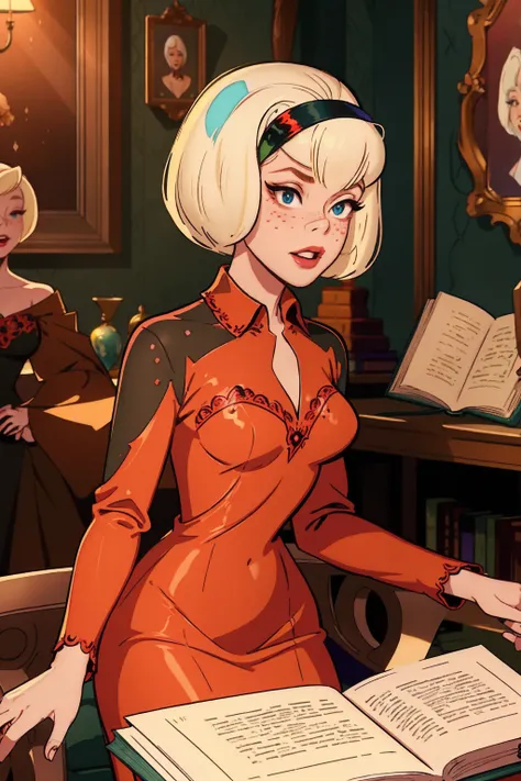 { masterpiece : best quality : high resolution : unity 8k wallpaper : illustration : beautiful detailed eyes : extremely detailed face : perfect lighting : extremely detailed CG }  { in a dark creepy library  } { Sabrina Spellman : : platinum blonde hair w...