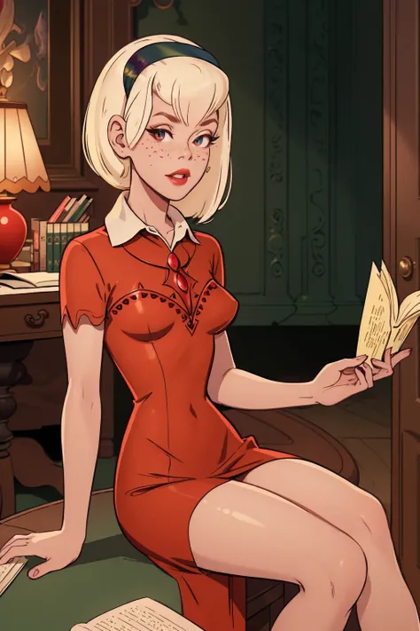 { masterpiece : best quality : high resolution : unity 8k wallpaper : illustration : beautiful detailed eyes : extremely detailed face : perfect lighting : extremely detailed CG }  { in a dark creepy library  } { Sabrina Spellman : : platinum blonde hair w...