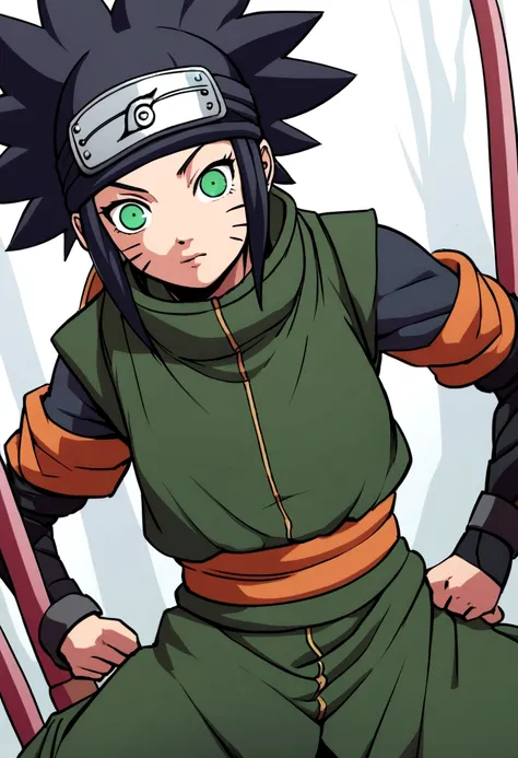 Kizi, Bblack hair,greeneyes, naruto style ninja outfit, clear face, detailed 