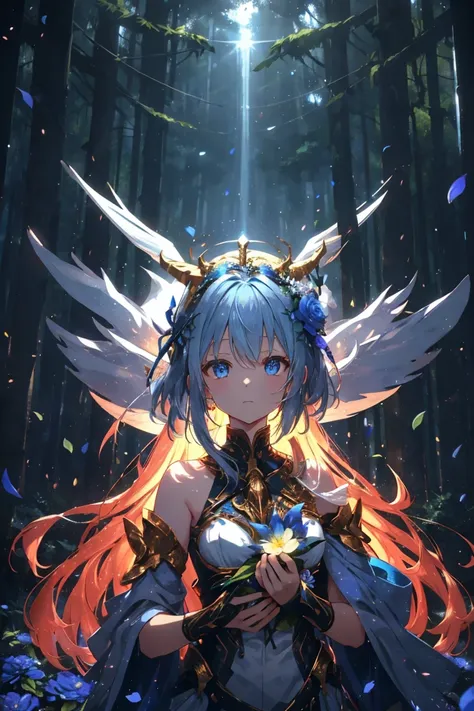 Forest nymph wearing a flower crown, Wearing colorful armor，With petals and shining jewels on it, In the forest of blue leaves, Universe