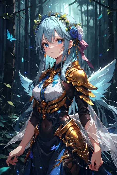 Forest nymph wearing a flower crown, Wearing colorful armor，With petals and shining jewels on it, In the forest of blue leaves, Universe