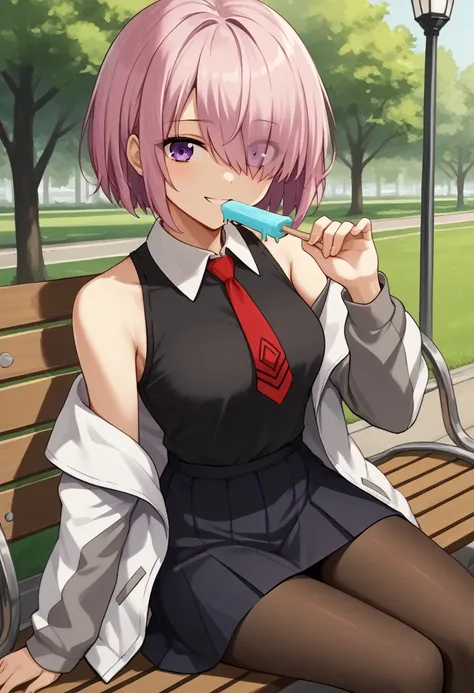 1 woman, short hair, pink hair, purple eyes, hair above one eye, black shirt, white collar, red tie, two-tone jacket, white jack...