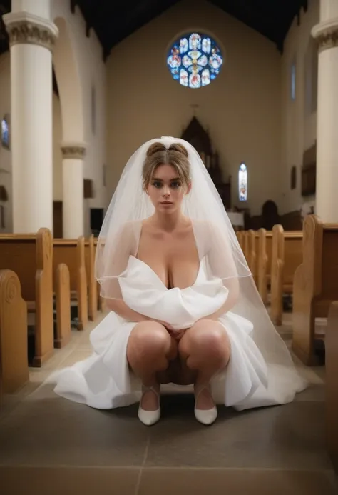 Cute Swedish 18 year old girl, bride, bridal veil, big breasts, huge halos outward, brown hair pulled back into a messy bun, Bright blue eyes, squatting in church, no panties, vagina out, clitoris, Photo, filmed on Polaroid, cinematic composition, Cinemati...