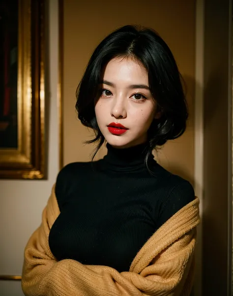 ((Highest quality)), ((masterpiece)), (detailed), One beautiful woman,Black Hair,Red lipstick,Big Breasts,Dark green turtleneck、Selfie