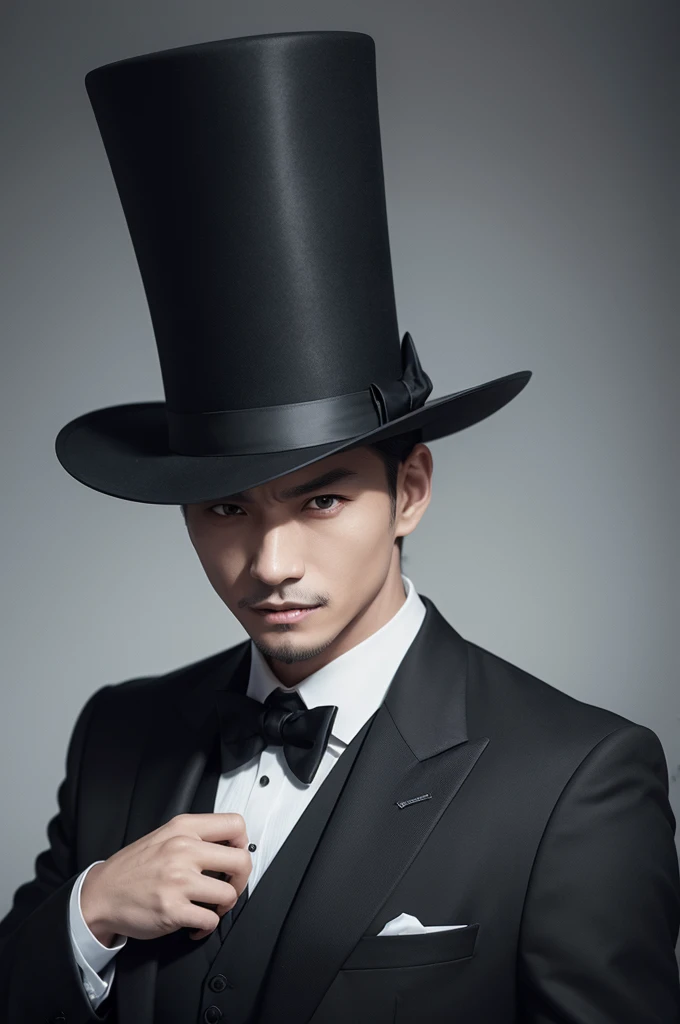 A guy with gray skin color, with sharp teeth, with a black top hat, and a black suit