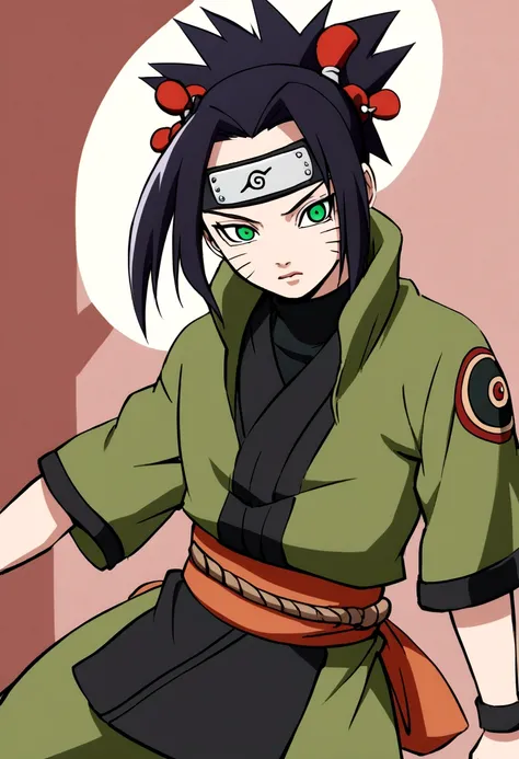 Kizi, Bblack hair,greeneyes, ninja clothing anime style design naruto, clear face, detailed 